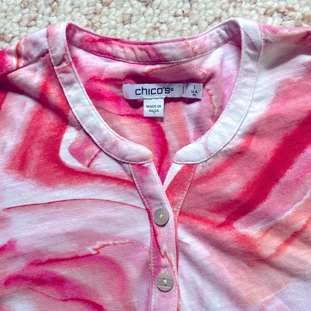 Chico’s Size 1 US Medium Pink & White Roll Tab Sleeve Women’s Top - Picture 3 of 5